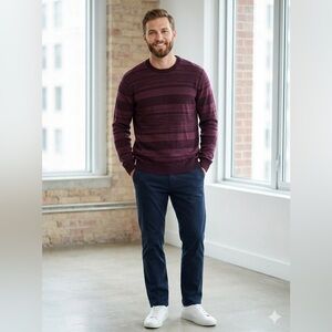 Perry Ellis Men’s Textured Stripe Crewneck Sweater - Burgundy/Maroon - Size L